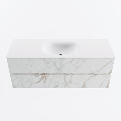 MONDIAZ VICA 130cm badmeubel onderkast Carrara 2 lades. Wastafel MOON midden zonder kraangat, kleur Talc.