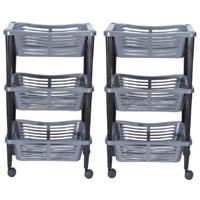 Set van 2x stuks kunststof keuken/badkamer trolleys met manden 40 x 30 x 60 cm zilver/grijs