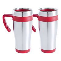 Warmhoudbeker/thermos isoleer koffiebeker/mok - 2x - RVS - zilver/rood - 450 ml - thumbnail