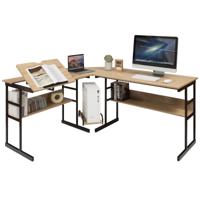 L-Vormig Bureau Hoekbureau van Hout met Kantelbaar Tafelblad 2 Planken en CPU-Standaard Computertafel voor Thuis en Kantoor