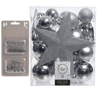 33x stuks kunststof kerstballen zilver 5, 6 en 8 cm inclusief ster piek en kerstbalhaakjes - Kerstbal