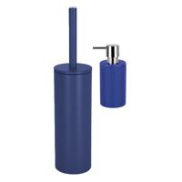 Badkamer accessoires set - WC-borstel/zeeppompje - metaal/porselein - donkerblauw