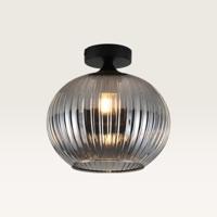 Plafondlamp Globo vetro fumé - Bol van geribbeld rookglas en zwarte drager van metaal - Zonder lichtbron
