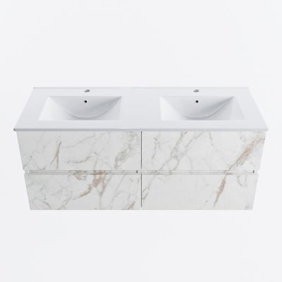 MONDIAZ VICA 120cm badmeubel onderkast Carrara 4 lades. Wastafel DENIA dubbel 2 kraangaten, kleur Glanzend Wit.