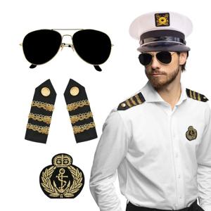 Carnaval verkleed set - luxe kapiteinspet - wit - met epauletten/badge/zonnebril - heren/dames