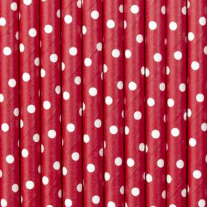 Drinkrietjes - papier - 10x - rood/wit polkadots - 19,5 cm - rietjes   -