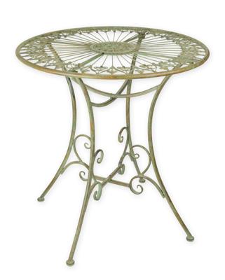 A ROUND IRON GARDEN TABLE