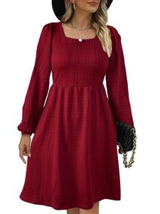 Women's Long Sleeve Summer Wine Red Plain Square Neck Balloon Sleeve Daily Going Out Casual Knee Length A-Line Dress