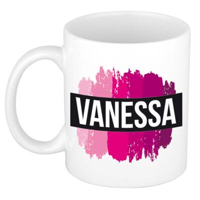 Vanessa naam cadeau koffie mok - beker - met roze verfstrepen - Cadeau collega - moederdag
