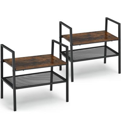 Set van 2 Opbergrekken met 2 Verdiepingen Stapelbaar Schoenenrek Roosterrek van Hout en Metaal Compact Opbergrek Bruin