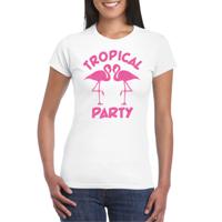 Tropical party T-shirt voor dames - met glitters - wit/roze - carnaval/themafeest