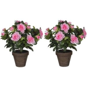 2x groene Azalea  kunstplanten met roze bloemen 27 cm met pot stan grey   -