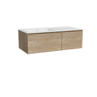 Storke Edge zwevend badmeubel 110 x 52 cm ruw eiken met Mata asymmetrisch linkse wastafel in solid surface mat wit