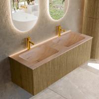 Badmeubel Mondiaz Kurve-Dlux | 130 cm | Meubelkleur Dusk | Wastafelkleur Saba | Solid surface | Wasbak beide zijden spoelbak | 2 kraangaten
