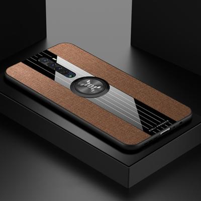 Voor OPPO Reno 2 XINLI stiksels doek Textue schokbestendig TPU beschermhoes met ring houder (bruin)