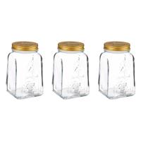 Voorraadpot/bewaarpot Square - 3x - glas - 1L - transparant/goud - D10 x H17 cm - voedsel bewaren