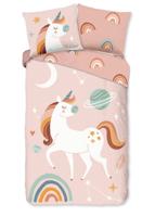 Good Morning Kinderdekbedovertrek "eenhoorn, planeten en regenboog" - Roze - (140x200/220 cm) - Katoen Flanel