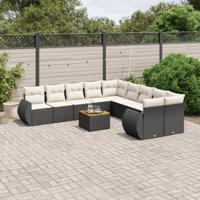 11-delige Loungeset met kussens poly rattan zwart