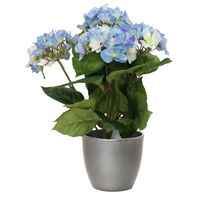 Hortensia kunstplant met bloemen blauw - in pot metallic zilver - 40 cm hoog