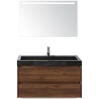 Dante Badmeubelset 100 cm - Walnoot - Wastafel Hardsteen Wit Lucca met Sence Spiegel