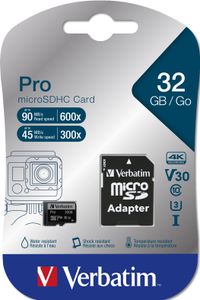 Verbatim PRO microSDHC-kaart 32 GB Class 10, UHS-I, UHS-Class 3 Incl. SD-adapter