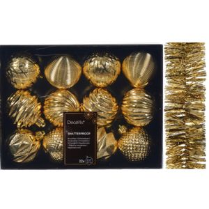 12x st gedecoreerde kerstballen 6 cm incl. folieslinger - goud - kunststof