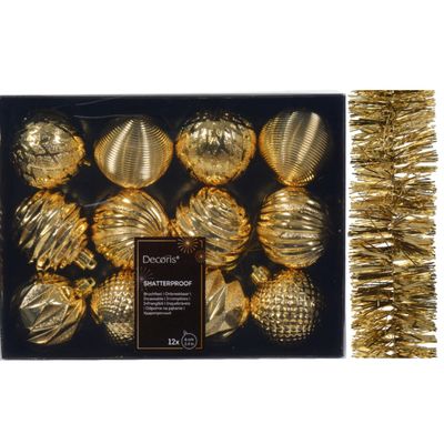 12x st gedecoreerde kerstballen 6 cm incl. folieslinger - goud - kunststof