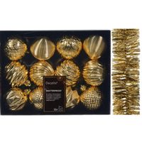 12x st gedecoreerde kerstballen 6 cm incl. folieslinger - goud - kunststof - thumbnail