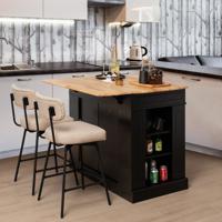 Keukeneiland met Uitbreidbaar Werkblad Keukenkast met Laden Zijplanken en 2 Niveaus Hout 120 x 91 x 92 cm (Zwart)
