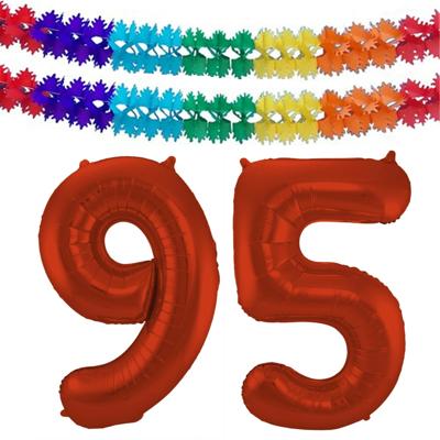 Folat Verjaardag Leeftijd folieballon - 95 jaar - rood - 86 cm - incl 2x slingers