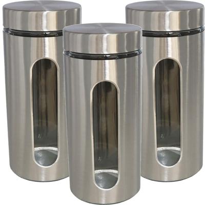 Voedsel bewaren keuken voorraad pot - 3x stuks - zilver metaal - deksel - 1300 ml