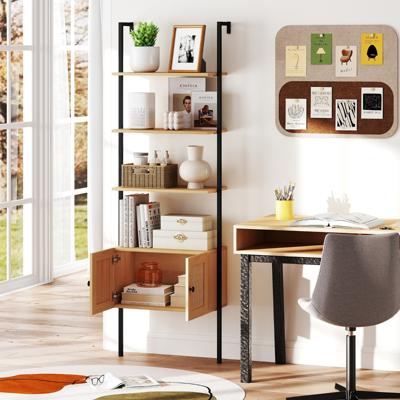 5-laags Ladderrek Boekenrek Wandrek met Kast Kantelbeveiligingssets en Metalen Frame 60 x 31 x 184 cm Natuur