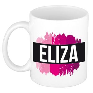 Naam cadeau mok / beker Eliza  met roze verfstrepen 300 ml   -