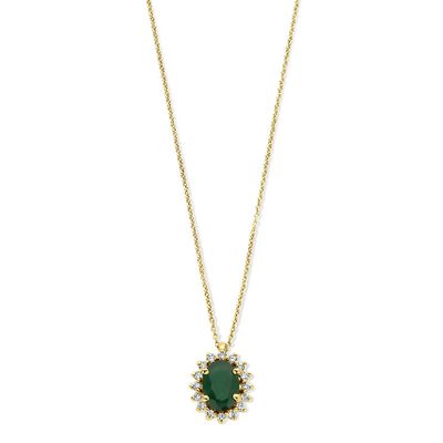 Ketting Halo geelgoud-smaragd-diamant groen-wit 0.12 ct Hsi 41-45 cm