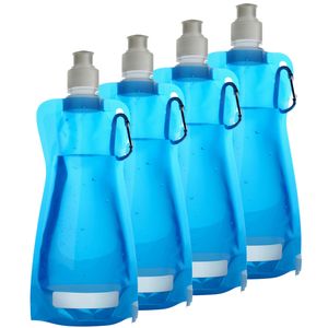 Waterfles/drinkfles opvouwbaar - 4x - lichtblauw - kunststof - 420 ml - schroefdop - karabijnhaak