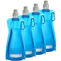 Waterfles/drinkfles opvouwbaar - 4x - lichtblauw - kunststof - 420 ml - schroefdop - karabijnhaak