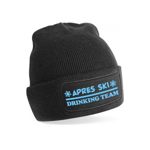 Wintersport muts voor volwassenen - Drinking Team - zwart - blauwe glitter - one size - Apres ski