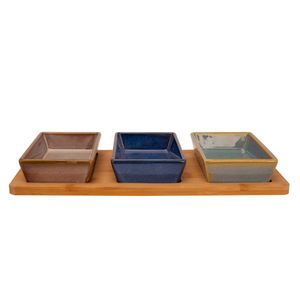 Cosy & Trendy serveerplank bamboe 31 x 15 cm met 3x luxe hapjes/saus/tapas schaaltjes - Snack en tapasschalen