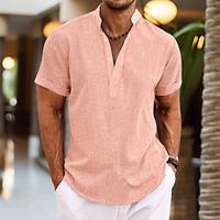 Voor heren Overhemd linnen overhemd Popover-shirt Zomer overhemd Strand Kleding Overhemd met bandkraag Zwart Wit Blozend Roze Groen Korte mouw Effen Henley Zomer Casual Dagelijks Kleding Lightinthebox - thumbnail