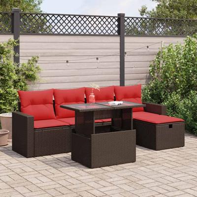 6-delige Loungeset met kussens poly rattan acacia zwart