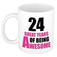 24 great years of being awesome cadeau mok / beker wit  en roze - verjaardagscadeau 24 jaar   -