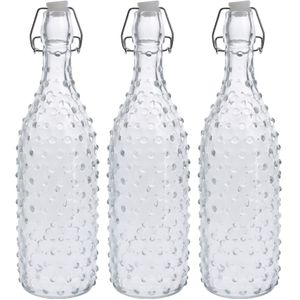 3x Glazen flessen transparant stippen met beugeldop 1000 ml