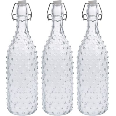 3x Glazen flessen transparant stippen met beugeldop 1000 ml