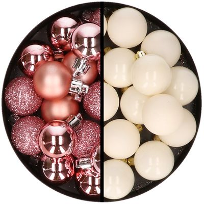36x stuks kunststof kerstballen roze en wol wit 3 en 4 cm