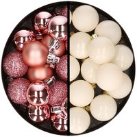 36x stuks kunststof kerstballen roze en wol wit 3 en 4 cm