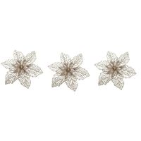 3x Kerstboomversiering op clip champagne glitter bloem 17 cm 3x Kerstboomversiering op clip champagne glitter bloem 17 cm