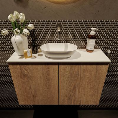 Mondiaz Fowy toiletmeubel 80cm washed oak met blad en waskom talc midden zonder kraangat