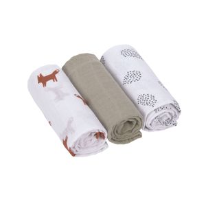 Lässig Swaddle & burp doek / luier M Little Forest Fox set van 3 stuks 60x60 cm