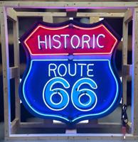 Historic Route 66 Neon Verlichting XL in Metalen Bak 89 x 89 cm - Rood, Blauw, Wit
