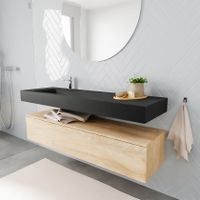 Mondiaz Alan badmeubel 150 cm washed oak 1 lade vrijhangend wastafel links 1 kraangat zwart